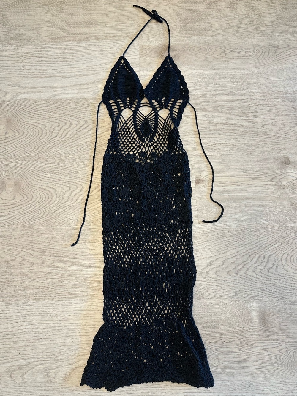 Handmade Black Crochet Halter Midi Dress